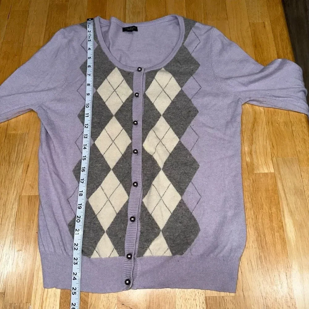 Talbots Womens Lambswool Angora Blend Purple Argyle Sweater Cardigan Cozy Chic‎